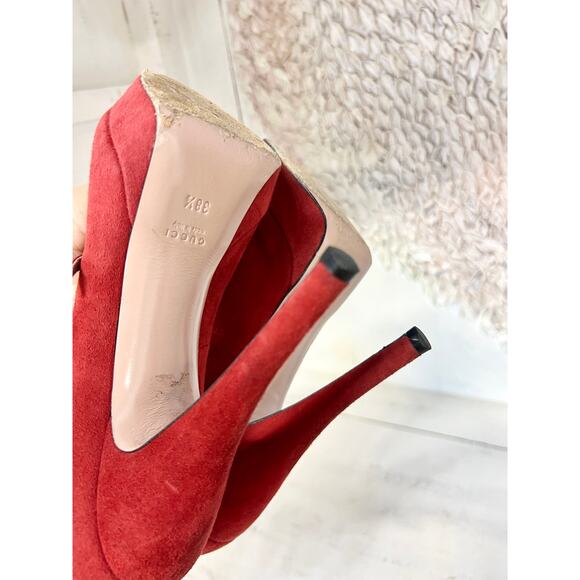 Gucci Lisbeth Suede Strappy Peep Toe Stilettos Heel Pumps Rose Bed Women's 38.5 - Picture 10 of 11